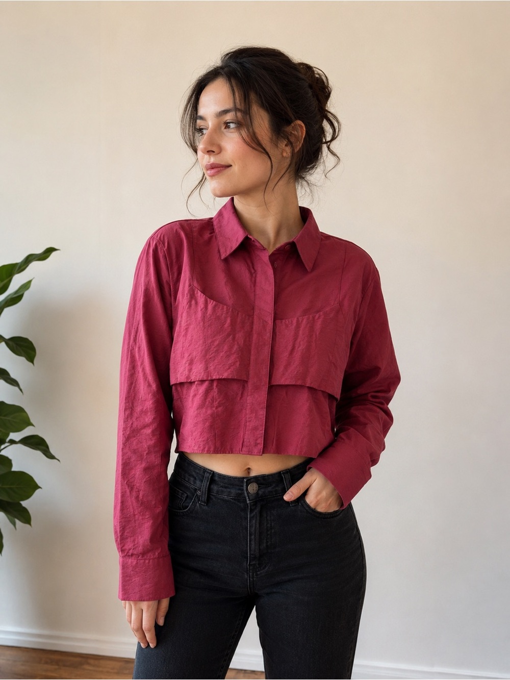 Cropped Button-Up Shirt in Berry Pink